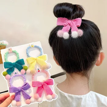 1 ADET Peluş Küçük Top Örme Yay Kız Çocuklar Elastik Saç Bantları Çocuk Saç Bağları Prenses Sevimli saç aksesuarları Bebek Şapkalar