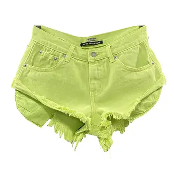 Yeni Yaz Kadın Meyve Yeşil Kot Şort Seksi Low-rise A-line Püskül Kısa Sıcak pantolon Bayanlar Moda Kişilik Cep Pembe