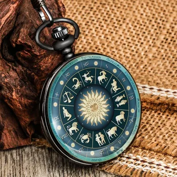 12 Takımyıldızları Astroloji Desen Yeşil Kapak Narin Kuvars cep saati Klasik Dayanıklı Zincir Kolye Saat Erkekler Kadınlar için