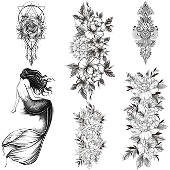 Geometrik Gül Çiçek Geçici Dövmeler Kadınlar İçin Mehndi Kamelya Sahte Dövme Etiket Dantel Siyah Mermaid Su Geçirmez Dövmeler Eller