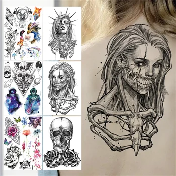 Gangster İskelet Geçici Dövmeler Kadın Erkek Yetişkin Evil Demon Dövmeler Sticker Sahte Çiçek Siyah Ölüm Kafatası 3D Dövmeler Kağıt